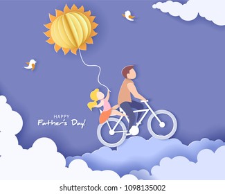Handsome man and his daughter bicycling with air balloon sun shaped. Happy fathers day card. Paper cut style. Vector illustration
