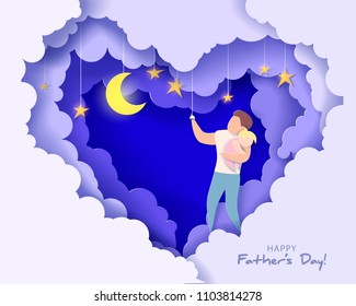 Handsome man and his daughter dreaming at the night. Happy fathers day card. Paper cut style. Vector illustration