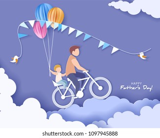 Handsome man and his son bicycling with air balloons. Happy fathers day card. Paper cut style. Vector illustration