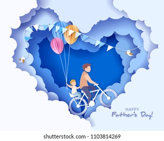 Handsome man and his son bicycling with air balloons. Happy fathers day card. Paper cut style. Vector illustration Handsome man and his son bicycling with air balloons. Happy fathers day card. Paper cut style. Vector illustration
