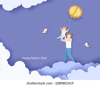 Handsome man with his son. Happy fathers day card. Paper cut style. Vector illustration