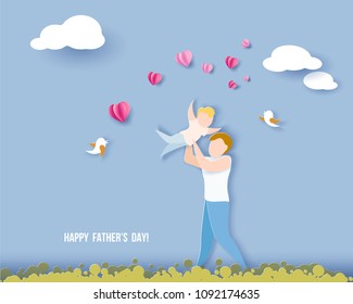 Handsome man with his son. Happy fathers day card. Paper cut style. Vector illustration