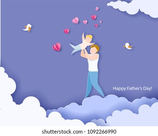 Handsome man with his son. Happy fathers day card. Paper cut style. Vector illustration