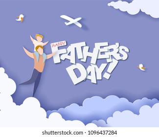 Handsome man with his son. Happy fathers day card. Paper cut style. Vector illustration