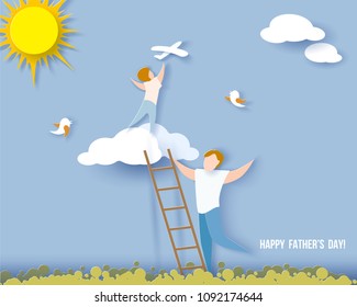 Handsome man with his son on cloud. Happy fathers day card. Paper cut style. Vector illustration