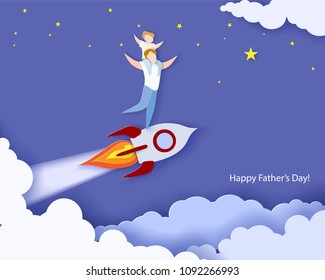 Handsome man with his son on rocket. Happy fathers day card. Paper cut style. Vector illustration