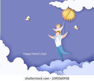 Handsome man with his son and sun air balloon. Happy fathers day card. Paper cut style. Vector illustration