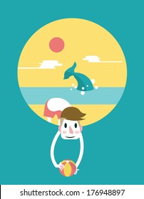 Handsome man hold the beach ball in the ocean background. 