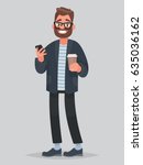 Handsome man holding coffee and phone in hands. Vector illustration in cartoon style