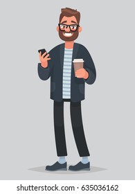 Handsome man holding coffee and phone in hands. Vector illustration in cartoon style