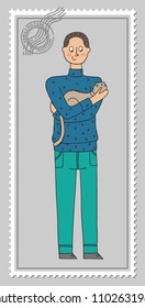 A handsome man holding a cute fluffy cat. Picture postcard. Cartoon vector illustration