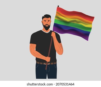 Un hombre guapo con banderas por la libertad. Orgullo lgbtq de hombre. fondo blanco. Ilustración vectorial.