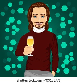handsome man holding a glass of champagne at the night club