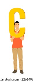 Handsome man holding letter C sign vector illustration. Words making letter. Boy learning alphabet, back to the school. Marketing commercial campaign with different people carry message to auditorium.