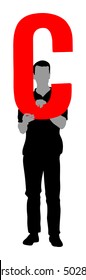 Handsome man holding the letter C, vector silhouette illustration. Editable colors. Words making letter by letter. Learning alphabet, back to the school. Teacher carry class. Marketing commercial boy.