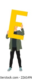 Handsome man holding letter E sign vector illustration. Words making letter. Boy learning alphabet, back to the school. Marketing commercial campaign with different people carry message to auditorium.