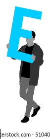 Handsome man holding the letter E, vector silhouette illustration. Editable colors. Words making letter by letter. Learning alphabet, back to the school. Teacher carry class. Marketing commercial boy.