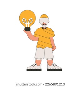 A handsome man is holding a light bulb. Idea theme.