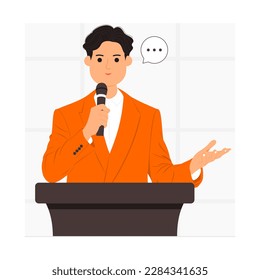 Handsome man holding microphone giving speech standing illustration