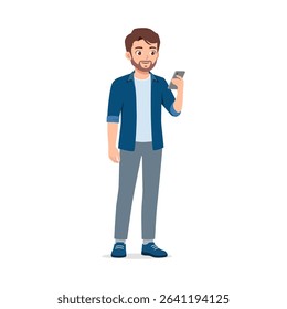 Handsome man holding smartphone reading a message and wearing casual clothes