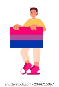 Handsome man holds bisexual pride flag semi flat color vector character. Editable full body young lgbt person on white. Simple cartoon spot illustration for web graphic design