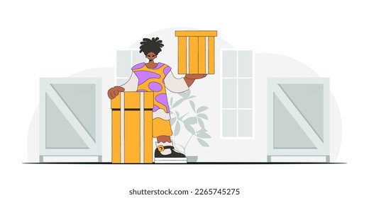 A handsome man holds boxes in his hands. A graphic representation of the dispatch of consignments and cargo