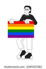 Handsome man holds lgbt rainbow pride flag monochromatic flat vector character. Editable thin line full body man supports lgbt community on white. Simple bw cartoon spot image for web graphic design