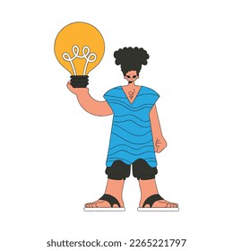 A handsome man holds a light bulb in his hands. Idea theme.