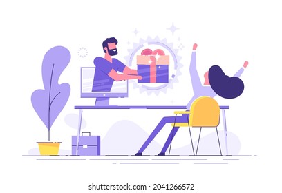 Handsome man holds out a big gift box from a monitor to a happy woman. Special offer or loyalty program concept. Raffle prizes. Modern vector illustration.