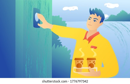 A handsome man with home delivery rings the doorbell. Young courier guy holds a coaster with two coffee.