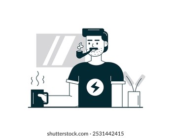 Hombre guapo en casa fumando un cigarrillo mientras bebe café caliente, tomando un descanso para disfrutar de un día de fin de semana libre. Diseño de personajes. Ilustración plana de Vector