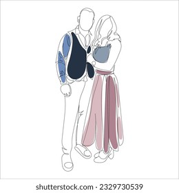 Handsome man hugging his beautiful wife from behind with closed eyes vector illustration. For poster, design, web, invitation.