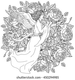 handsome man in the image of the angel from a fairy tale, flying on luxury flowers bouquet in shape of mandala for adult coloring book or for zen anti stress drawing. Hand-drawn, vector