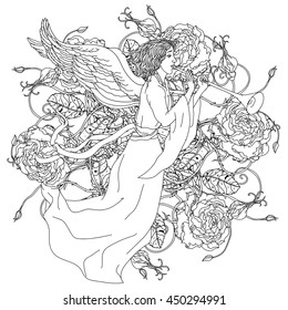 handsome man in the image of the angel from a fairy tale, flying on luxury flowers bouquet in shape of mandala for adult coloring book or for zen anti stress drawing. Hand-drawn, vector