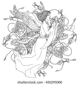 handsome man in the image of the angel from a fairy tale, flying on luxury flowers bouquet in shape of mandala for adult coloring book or for zen anti stress drawing. Hand-drawn, vector