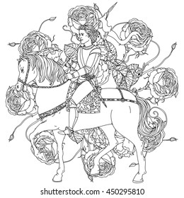 handsome man in the image of the prince from a fairy tale, riding on horse on luxury flowers bouquet in shape of mandala for adult coloring book or for zen anti stress drawing. Hand-drawn, vector