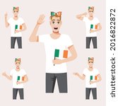 A handsome man with the Irish flag. A set of fan emotions. Vector illustration on cartoon style