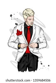 Handsome man in a jacket, shirt and tie and pants. Stylish guy in a suit. Vector illustration, fashion and style, clothing and accessories.