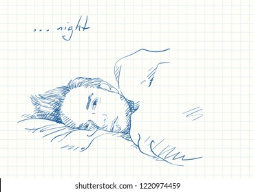 Handsome man laying in bed with sleepy open eyes, Blue pen sketch on square grid notebook page, Hand drawn vector illustration with cross hatching