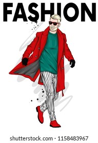A handsome man in a long coat, trousers, shoes and glasses. Fashionable look. Vector illustration for a postcard or a poster, print for clothes. Fashion & Style.