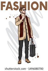 A handsome man in a long coat, trousers, shoes and glasses. Fashionable look. Vector illustration for a postcard or a poster, print for clothes. Fashion & Style.