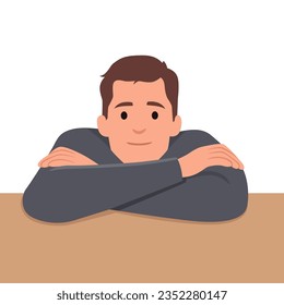 Handsome man looking at camera with head lying on crossed arms. arms resting is looking at the camera. Flat vector illustration isolated on white background