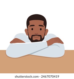 Handsome man looking at camera with head lying on crossed arms. arms resting is looking at the camera. Flat vector illustration isolated on white background