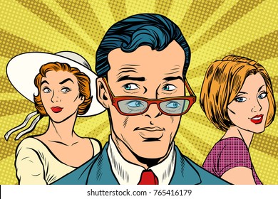 Handsome man looking at two women. Love and romance. Pop art retro vector illustration