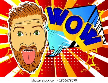 Handsome man making faces and sticking out his tongue over colorful background. Happy Caucasian with funny expression. Vector illustrated expression, rudeness and people concept.