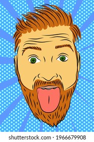 Handsome man making faces and sticking out his tongue over colorful background. Happy Caucasian with funny expression. Vector illustrated expression, rudeness and people concept.