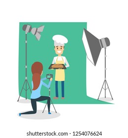Handsome man making photoshoot in the studio. Guy cook in front of camera. Creative photography. Isolated flat vector illustration