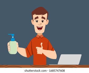 handsome man in medical and disinfectant bottle to prevent from coronavirus