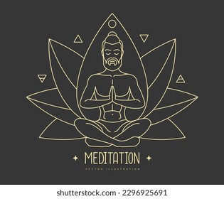 Handsome man meditation in lotus position with four elements ans Ether. Lotus flower sign. Vector illustration