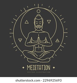 Handsome man meditation in lotus position in the rays of the rising sun. Sun and moon astrology sign. Vector illustration